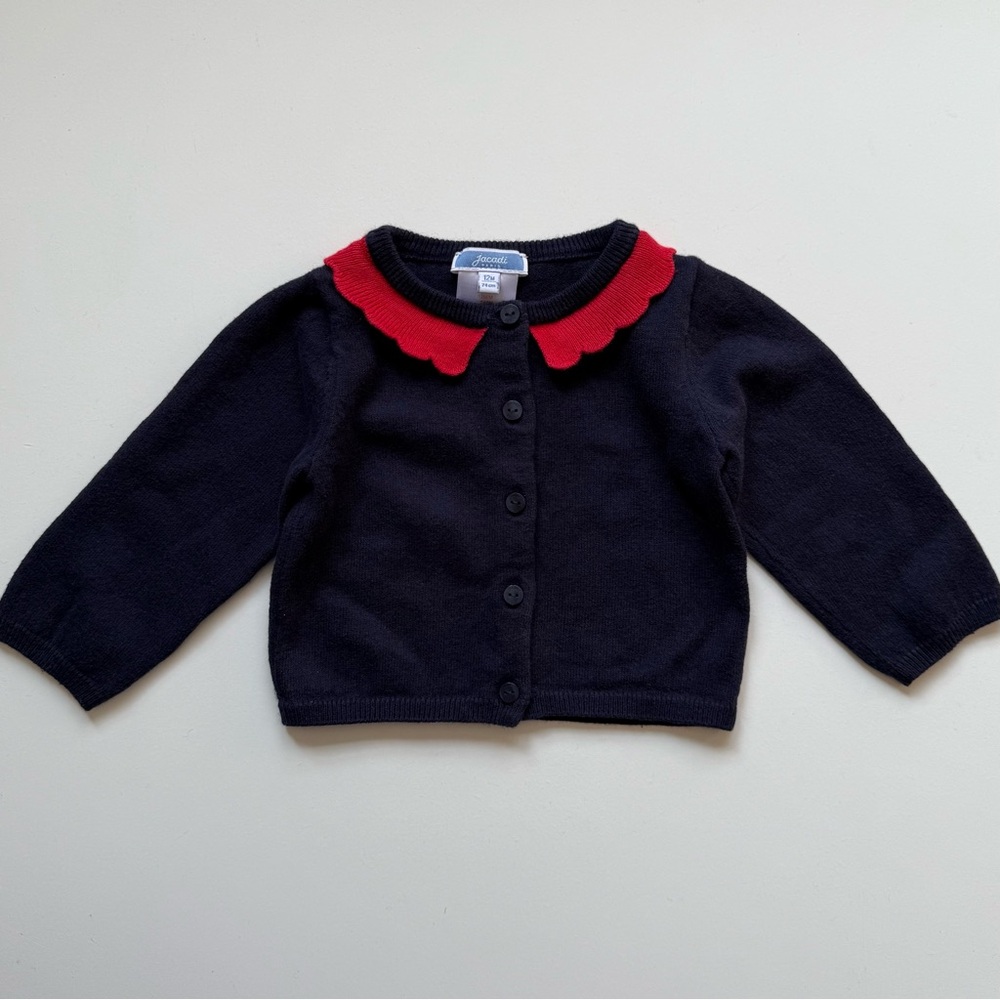 Jacadi Girls Navy Cardigan with Red Scallop Trim - Size 12M